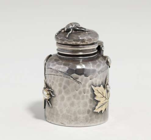 Japanese style silver inkwell with maple leaves and small beetles - photo 2