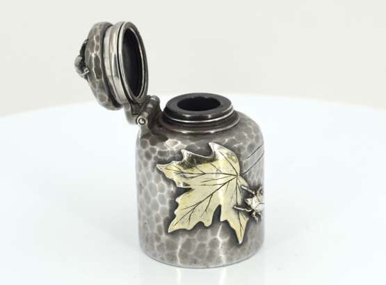 Japanese style silver inkwell with maple leaves and small beetles - photo 7