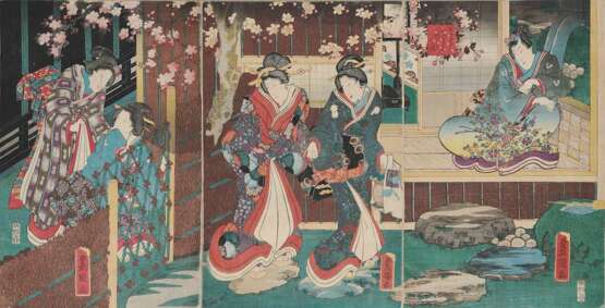 Kunisada (Toyokuni III) & Utagawa Kuniyoshi, Utagawa . Leporello mit 19 Farbholzschnitten Japan 1842-1850. - Foto 1
