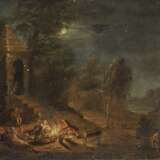 UNBEKANNT 18. Jahrhundert Mondscheinlandschaft mit lagernder Gesellschaft an einer Feuerstelle - photo 1