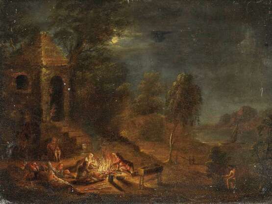 UNBEKANNT 18. Jahrhundert Mondscheinlandschaft mit lagernder Gesellschaft an einer Feuerstelle - Foto 1