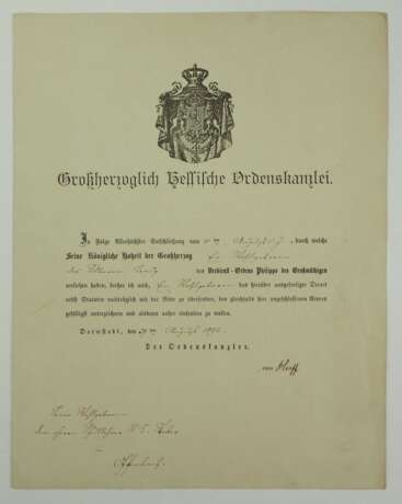 Hessen: Großherzoglicher Orden Philipps des Großmüthigen, Silbernes Verdienstkreuz Urkunde. - Foto 1