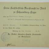 Schaumburg-Lippe: Kreuz für treue Dienste 1914 Urkunde für einen Vizefeldwebel der 7./ Reserve-Infanterie-Regiment 440. - Foto 1