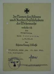 Eisernes Kreuz, 1939, 2. Klasse Urkunde für einen Obergefreiten der 1./ Pionier-Bataillon 20.