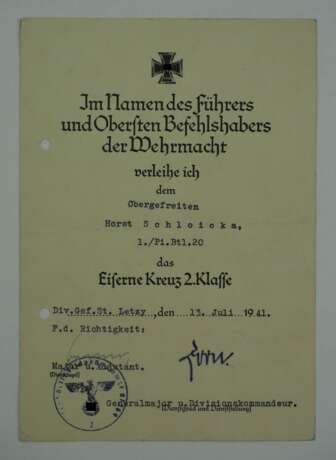 Eisernes Kreuz, 1939, 2. Klasse Urkunde für einen Obergefreiten der 1./ Pionier-Bataillon 20. - Foto 1