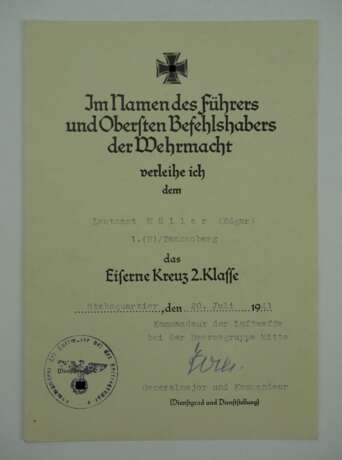 Eisernes Kreuz, 1939, 2. Klasse Urkunde für einen Leutnant der 1. (H)/ Tannenberg. - photo 1