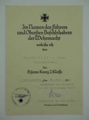 Eisernes Kreuz, 1939, 2. Klasse Urkunde für einen Leutnant der 1. (H)/ Tannenberg.