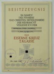 Eisernes Kreuz, 1939, 2. Klasse Urkunde für einen Gefreiten der 7./ Geb.Jg.Rgt. 100.