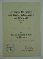 Kriegsverdienstkreuz, 2. Klasse mit Schwertern Urkunde für einen Obergefreiten.