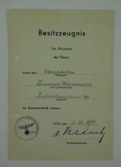 Kubanschild Urkunde für einen Obergefreiten der Fahrschwadron 1/198.