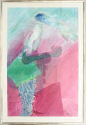 MANUEL BAPTISTA, "Surreale Figur mit Handkopf", Aquarell/Mischtechnik auf Papier, hinter Glas in Passepartout gerahmt, 
