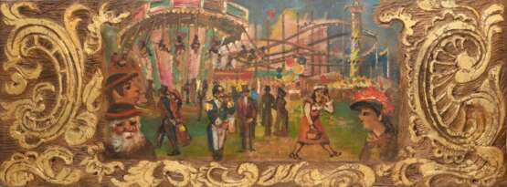 UNBEKANNTER KÜNSTLER:"Auf dem Jahrmarkt", Öl auf Holzplatte, teils beschnitzt und vergoldet, 20. Jahrhundert - Foto 1