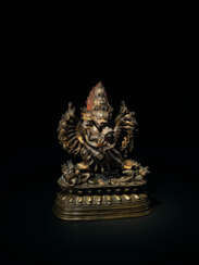 A RARE AND EXCEEDINGLY FINE PARCEL-GILT BRONZE FIGURE OF VAJRABHAIRAVA AND VAJRA VETALI