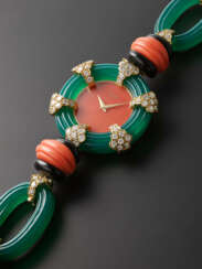 PIAGET, POSSIBLY UNIQUE, YELLOW GOLD AND DIAMOND-SET LADY'S COCKTAIL WATCH, CHRYSOPRASE, ONYX AND CORAL