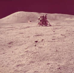 THE LM CHALLENGER AND THE AMERICAN FLAG IN THE VALLEY OF TAURUS-LITTROW, DECEMBER 7-19, 1972, EVA 3