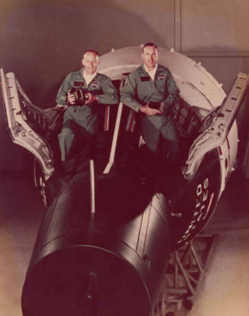 JAMES LOVELL AND EDWIN ALDRIN POSE WITH GEMINI XII REPLICA SPACECRAFT, JUNE 21, 1972 - photo 1