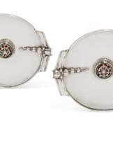 A PAIR OF GEORGE VI ARTS AND CRAFTS STYLE SILVER AND ENAMEL DISHES