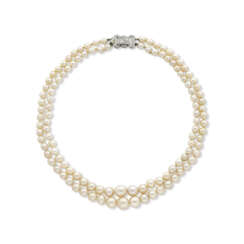 DOUBLE STRAND NATURAL PEARL AND DIAMOND NECKLACE