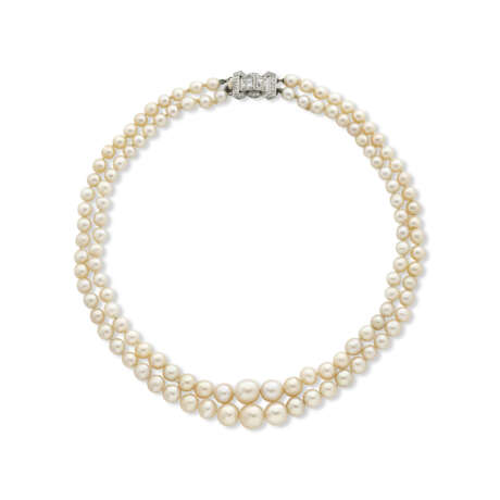 DOUBLE STRAND NATURAL PEARL AND DIAMOND NECKLACE - photo 1