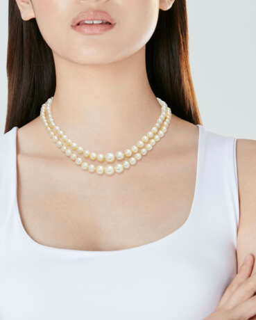 DOUBLE STRAND NATURAL PEARL AND DIAMOND NECKLACE - photo 2