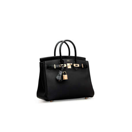 A LIMITED EDITION SHINY BLACK NILOTICUS CROCODILE & NOVILLO LEATHER TOUCH BIRKIN 25 WITH ROSE GOLD HARDWARE - photo 2