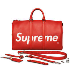 A LIMITED EDITION RED &amp; WHITE EPI LEATHER KEEPALL 45 WITH SILVER HARDWARE BY SUPREME