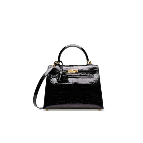 A SHINY BLACK ALLIGATOR SELLIER KELLY 25 WITH GOLD HARDWARE - фото 1