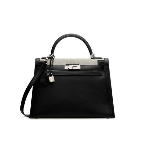 A LIMITED EDITION BLACK SWIFT LEATHER & TOILE BERLINE SELLIER KELLY 32 WITH PALLADIUM HARDWARE - фото 1