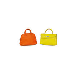 A SET OF TWO: AN ORANGE SWIFT LEATHER MICRO MINI BOLIDE WITH PALLADIUM HARDWARE &amp; A LIME EPSOM LEATHER MICRO MINI KELLY WITH PALLADIUM HARDWARE