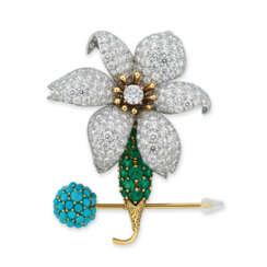 TIFFANY &amp; CO. SCHLUMBERGER STUDIOS DIAMOND, EMERALD AND TURQUOISE BROOCH