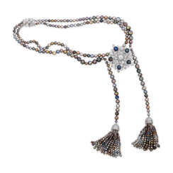 A SUPERB BULGARI AND ASPREY NATURAL PEARL AND DIAMOND PENDENT NECKLACE