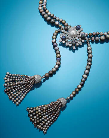 A SUPERB BULGARI AND ASPREY NATURAL PEARL AND DIAMOND PENDENT NECKLACE - photo 2