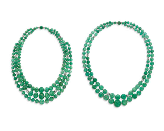 TWO EMERALD BEAD AND DIAMOND NECKLACES - photo 1
