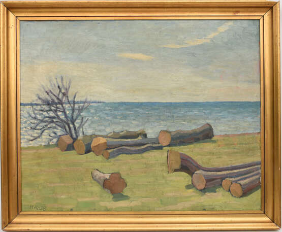 UNBEKANNTER KÜNSTLER, Holzstämme am See, Öl auf Leinwand, gerahmt, monogrammiert und datiert - фото 1
