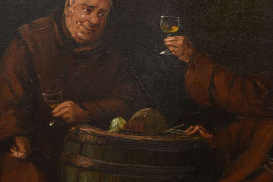 UNBEKANNTER KÜNSTLER, "Weintrinkende Mönche", Öl auf Holz,signiert, Ende 19. Jahrhundert - Foto 5