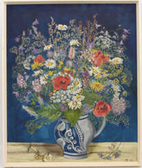 UNBEKANNTER KÜNSTLER, "Frühlingsblumen in Vase", Öl auf Pappe, gerahmt, monogrammiert und datiert, 20. Jahrhundert