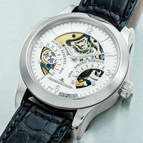 JAEGER-LECOULTRE. A RARE LIMITED EDITION PLATINUM SEMI-SKELETONISED MINUTE REPEATING WRISTWATCH WITH 15 DAY POWER RESERVE AND SPRING TORQUE INDICATION - photo 2