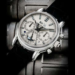 PATEK PHILIPPE. A PLATINUM PERPETUAL CALENDAR SPLIT SECONDS CHRONOGRAPH WRISTWATCH WITH MOON PHASES, DAY/NIGHT AND LEAP YEAR INDICATION