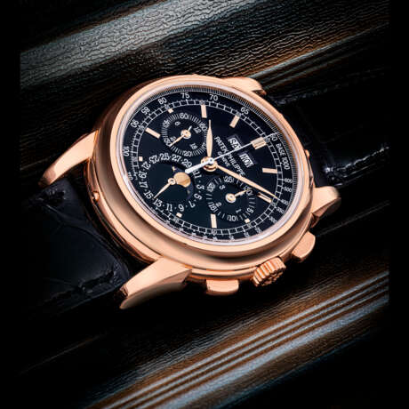 PATEK PHILIPPE. A POSSIBLY UNIQUE AND ONLY KNOWN 18K PINK GOLD PERPETUAL CALENDAR CHRONOGRAPH WRISTWATCH WITH MOON PHASES, 24-HOUR AND LEAP YEAR INDICATION WITH BLACK DIAL - фото 1