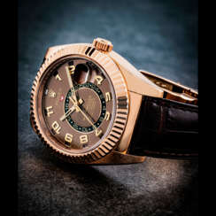 ROLEX. AN 18K PINK GOLD AUTOMATIC ANNUAL CALENDAR WRISTWATCH WITH DUAL TIME AND SWEEP CENTRE SECONDS