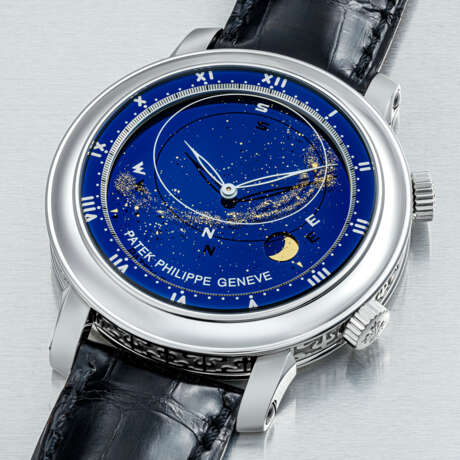 PATEK PHILIPPE. A RARE 18K WHITE GOLD AUTOMATIC ASTRONOMICAL WRISTWATCH WITH SKY CHART, PHASES AND ORBIT OF THE MOON INCLUDING TIME OF MERIDIAN PASSAGE OF SIRIUS AND OF THE MOON - photo 2
