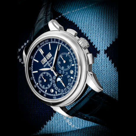 PATEK PHILIPPE. AN 18K WHITE GOLD PERPETUAL CALENDAR CHRONOGRAPH WRISTWATCH WITH MOON PHASES, LEAP YEAR, DAY/NIGHT INDICATION AND BLUE DIAL WITH TACHYMETER SCALE - photo 1