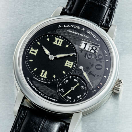 A. LANGE & S&#214;HNE. A RARE PLATINUM LIMITED EDITION SEMI SKELETONISED WRISTWATCH WITH POWER RESERVE AND OVERSIZED DATE - photo 2
