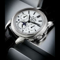 PATEK PHILIPPE. AN 18K WHITE GOLD PERPETUAL CALENDAR CHRONOGRAPH WRISTWATCH WITH MOON PHASES, LEAP YEAR AND DAY/NIGHT INDICATION