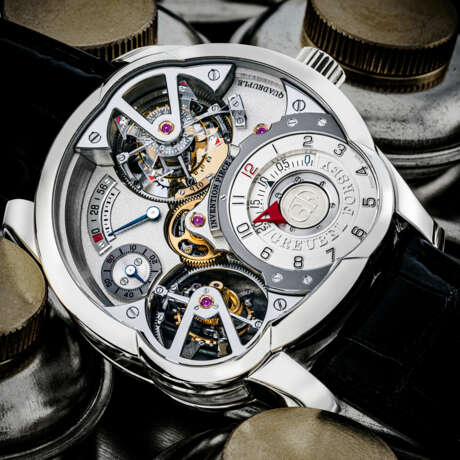 GREUBEL FORSEY. AN EXTREMELY RARE AND MAGNIFICENT PLATINUM LIMITED EDITION ASYMMETRICAL WRISTWATCH WITH DIFFERENTIAL QUADRUPLE TOURBILLON AND POWER RESERVE - фото 1