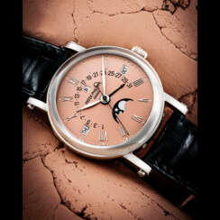 PATEK PHILIPPE. A POSSIBLY UNIQUE AND ONLY KNOWN 18K WHITE GOLD AUTOMATIC PERPTUAL CALENDAR WRISTWATCH WITH SWEEP CENTRE SECONDS, RETROGRADE DATE, MOON PHASES, LEAP YEAR INDICATION AND ROSE DIAL
