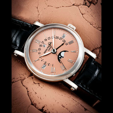 PATEK PHILIPPE. A POSSIBLY UNIQUE AND ONLY KNOWN 18K WHITE GOLD AUTOMATIC PERPTUAL CALENDAR WRISTWATCH WITH SWEEP CENTRE SECONDS, RETROGRADE DATE, MOON PHASES, LEAP YEAR INDICATION AND ROSE DIAL - photo 1