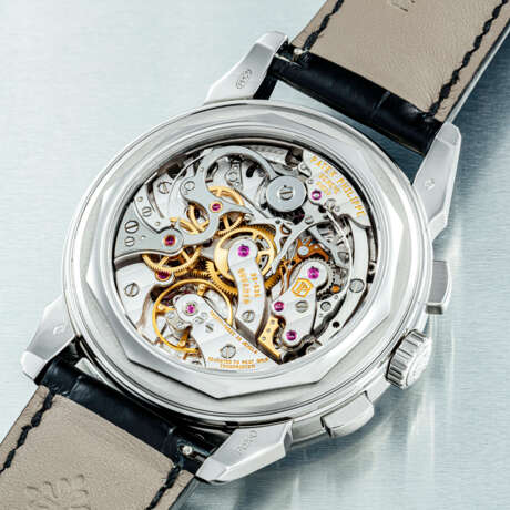 PATEK PHILIPPE. AN IMPRESSIVE AND VERY RARE PLATINUM AND SAPPHIRE-SET PERPETUAL CALENDAR CHRONOGRAPH WRISTWATCH WITH MOON PHASES, LEAP YEAR AND DAY/NIGHT INDICATION - фото 3
