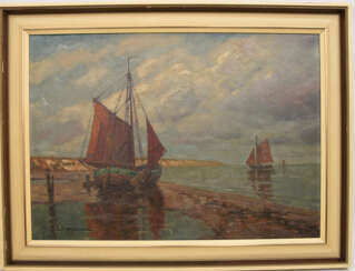 JEAN MÖHREN, Fischerboote an Küste, Öl auf Leinwand, gerahmt, signiert, 20. Jahrhundert