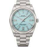 ROLEX. AN ATTRACTIVE STAINLESS STEEL AUTOMATIC WRISTWATCH WITH SWEEP CENTRE SECONDS, BRACELET, `TURQUOISE BLUE` DIAL, GUARANTEE AND BOX - photo 1